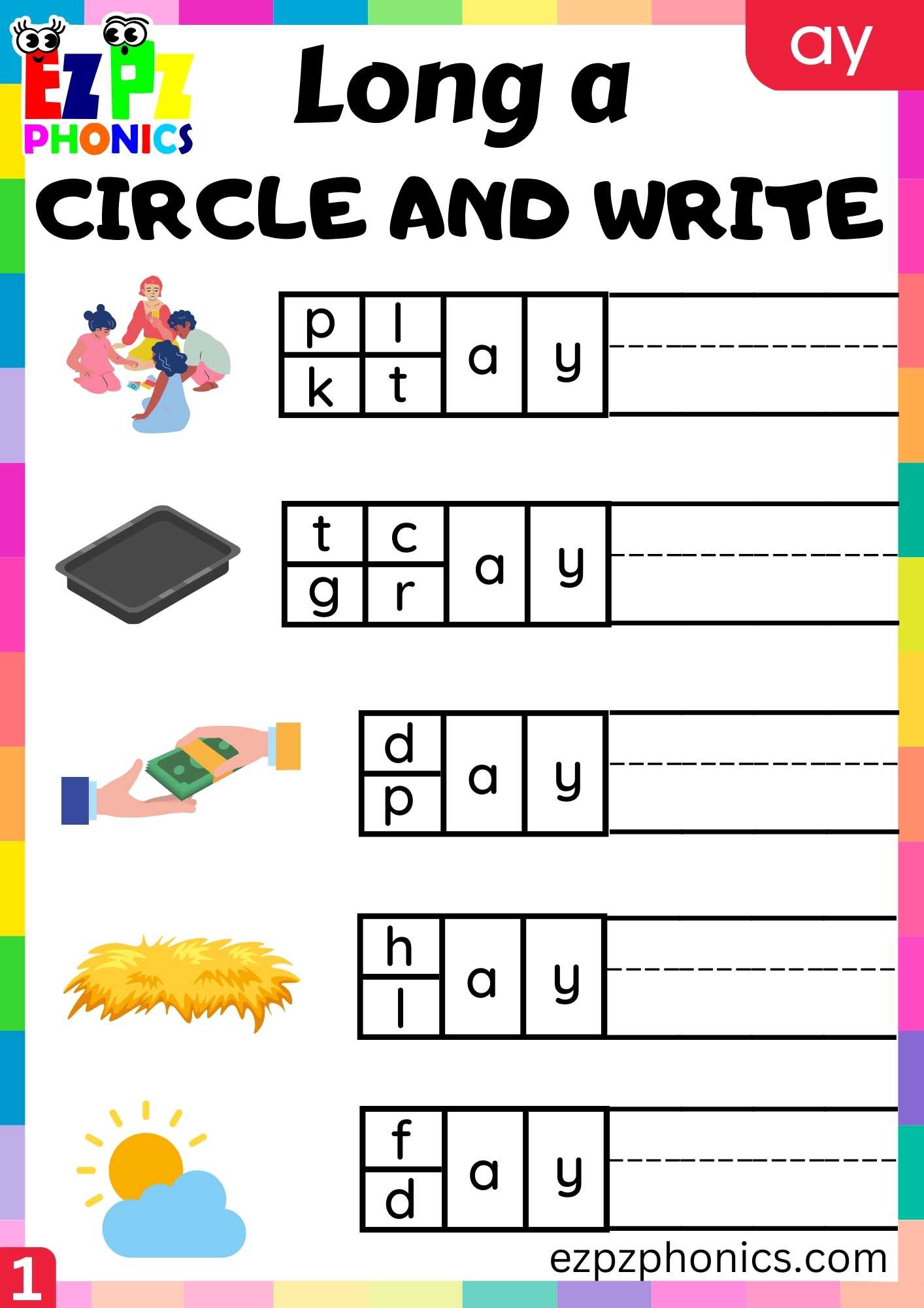 Group1 AY Words Circle And Write Long A Phonics Worksheet